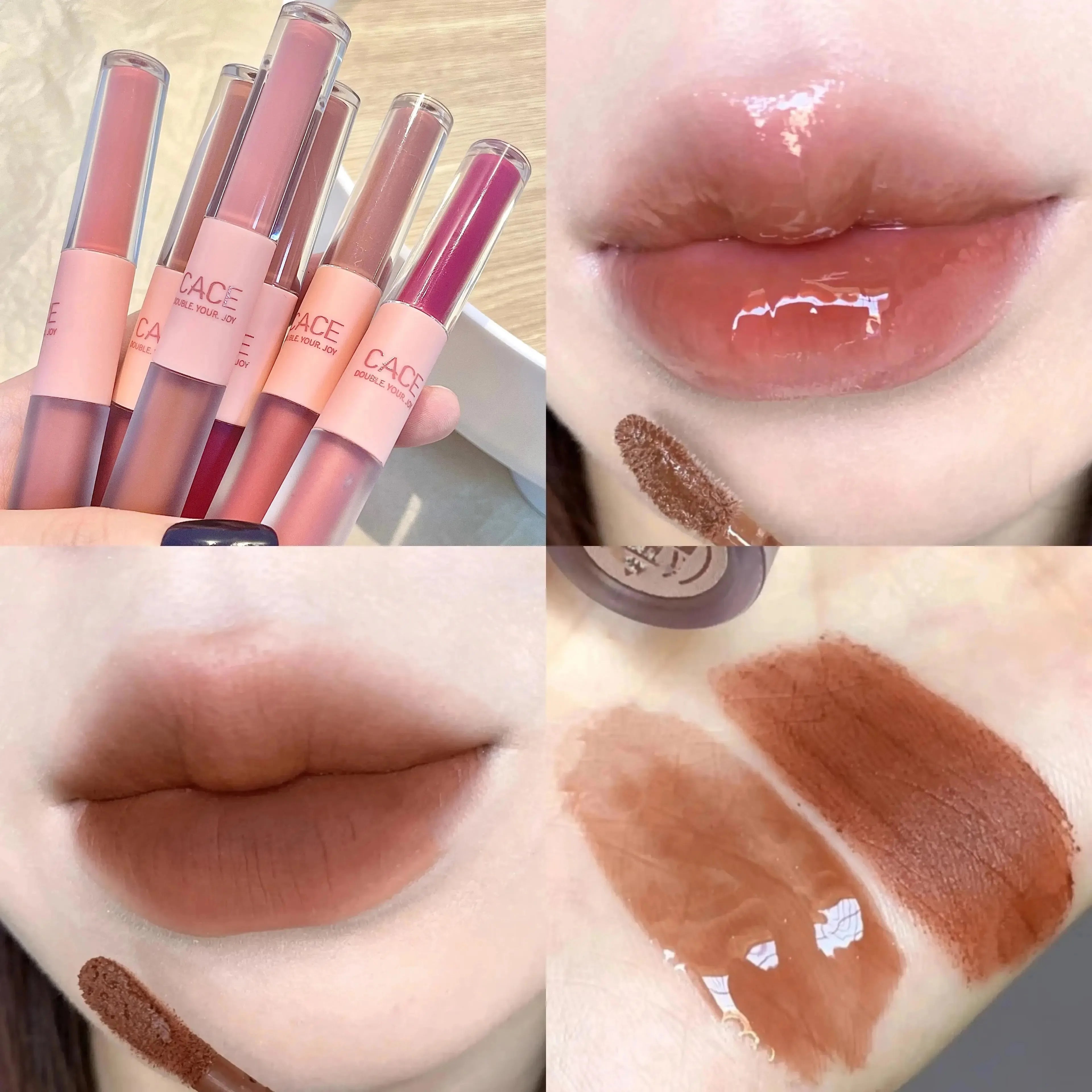 CACE Double Head Lip Gloss Sexy Red Makeup Mud Mirror Water Glaze Qme