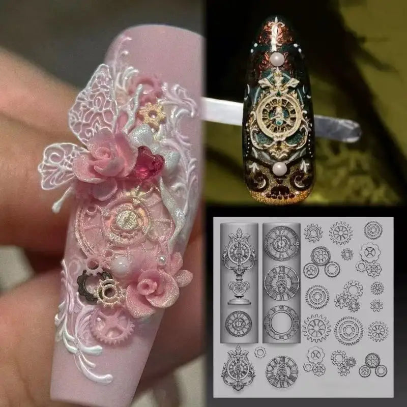 Exquisite Clock Gears 3D Silicone Nails Mold Manicure Design Tools Qme
