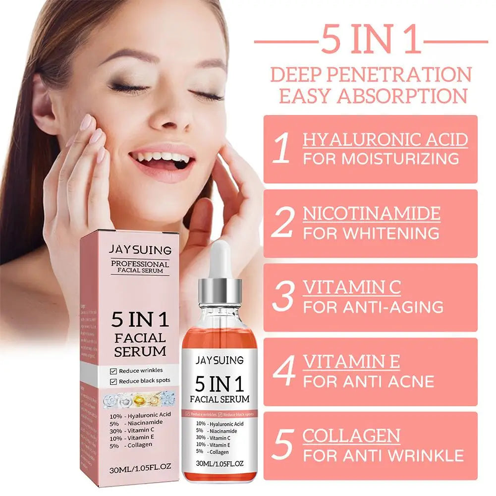 5 In 1 Face Serum Moisturizing Whitening Anti Wrinkle Aging Vitamin C Hyaluronic Acid Facial Serum Shrink Pores Skin Care 30ml Qme
