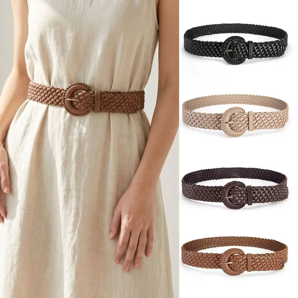 Personality Woven Weave Belt Hollow Out Round Retro Belt Wide PU Leather Bohemian Style Waistband Women Qme