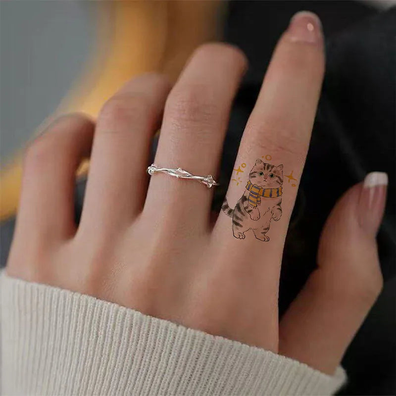 Meow Ring Finger Tattoo Stickers - Waterproof, Long-lasting, Cute Cartoon Cat Temporary Stickers - Realistic Tattoos Qme
