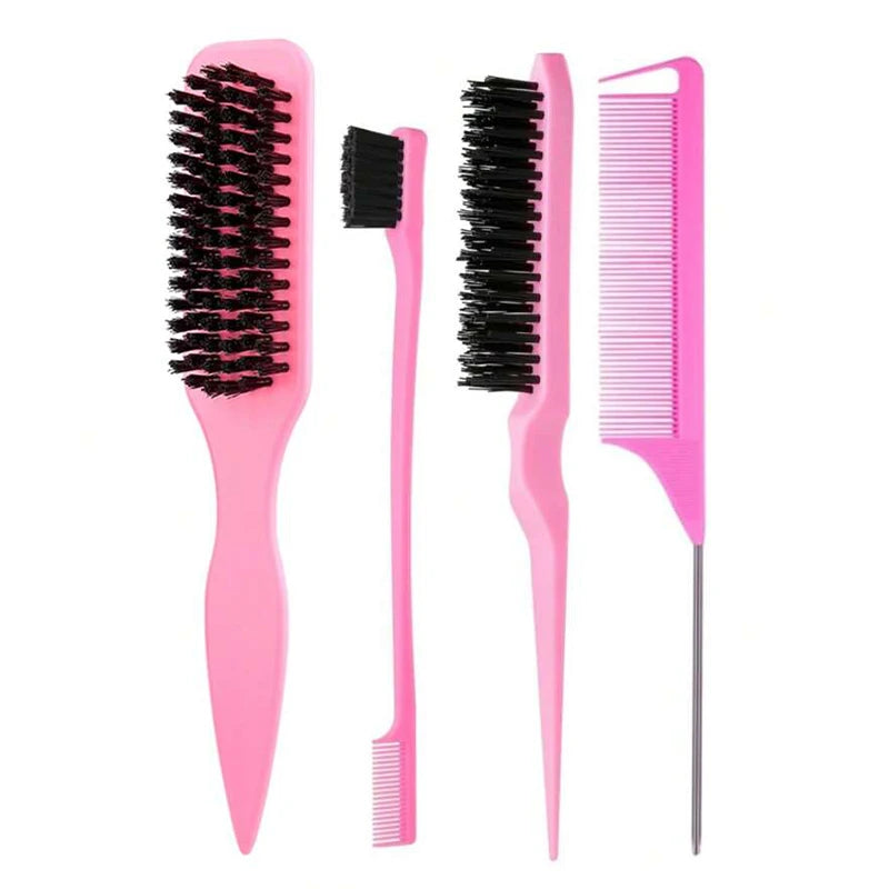 Boar Bristle Slick Back Hair Brush for Sleek Ponytail Bun & Smoothing Baby Hairs, Flyaways, Edge Control - Backcombing & Teasing Qme 4PCS Pink Set