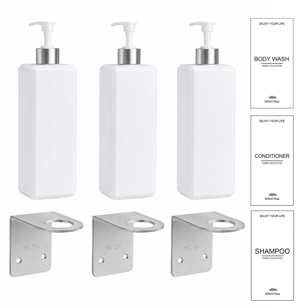 all Mounted Shampoo Dispenser Bottles Set of 3 16oz 500ml Plastic Shower Pump Bottles with Brackets and Labels for Body Wash Qme white