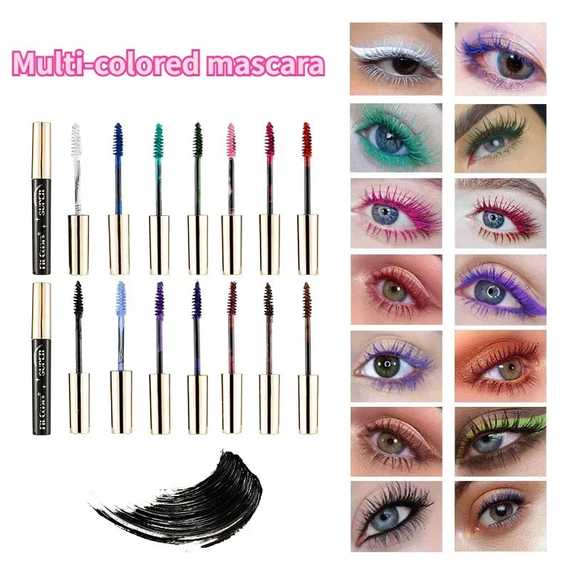Mascara 14 Colors Thick Curl Waterproof Mascara Non-smudding Stage Makeup Natural Lasting Purple White Red Eyes Makeup Qme
