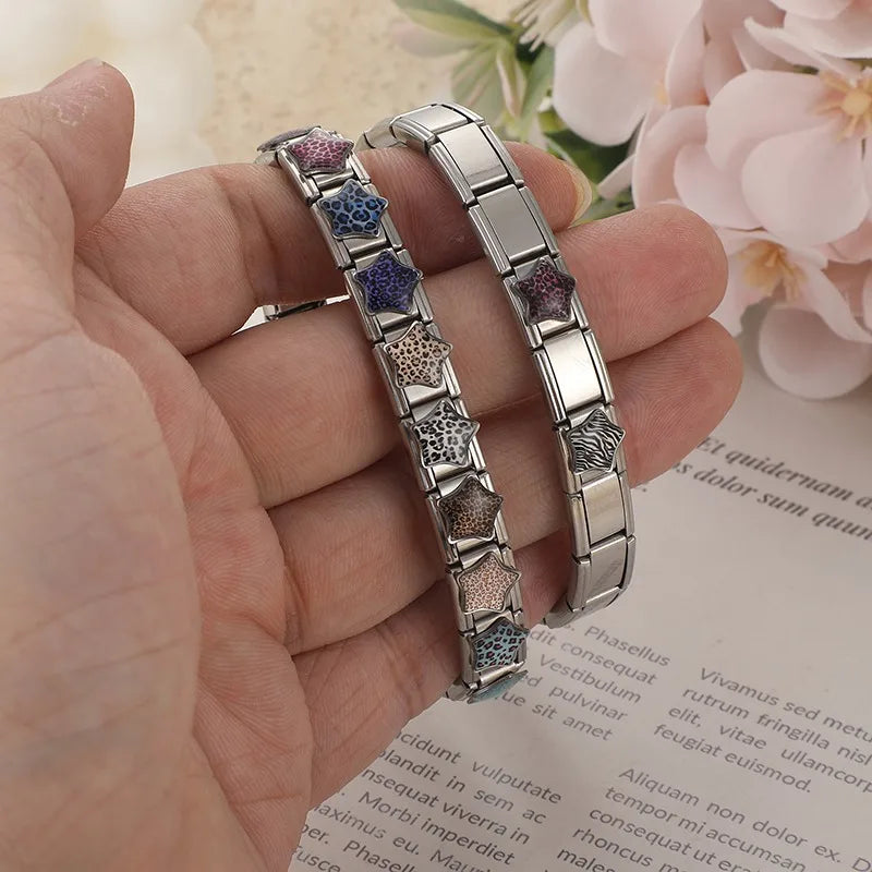 Trendy Zebra Pattern Star Leopard Print Purple Italian Charm Links Fit 9mm Stainless Steel Modular Bracelet DIY Making Jewelrys Qme