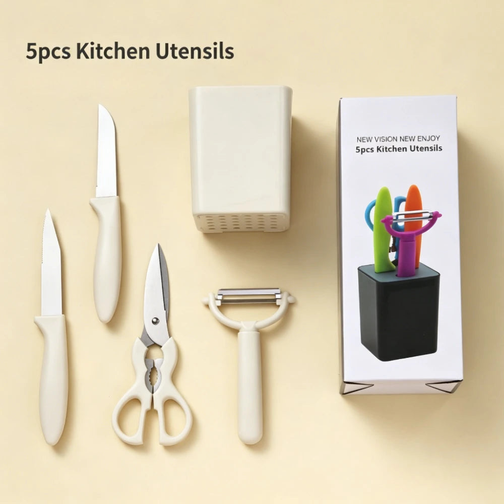 Kitchen Utensil Set With Storage Rack, 5-piece White Stainless Steel Tool Set, Including Peeler, Knife, Scissors, Storage Rack Qme 5pcs set
