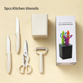 Kitchen Utensil Set With Storage Rack, 5-piece White Stainless Steel Tool Set, Including Peeler, Knife, Scissors, Storage Rack Qme 5pcs set