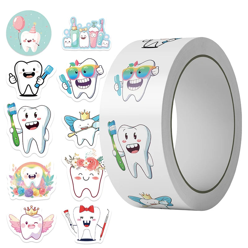 Roll Dental Stickers Cartoon Decoration Tooth Shaped Sticker Label Qme