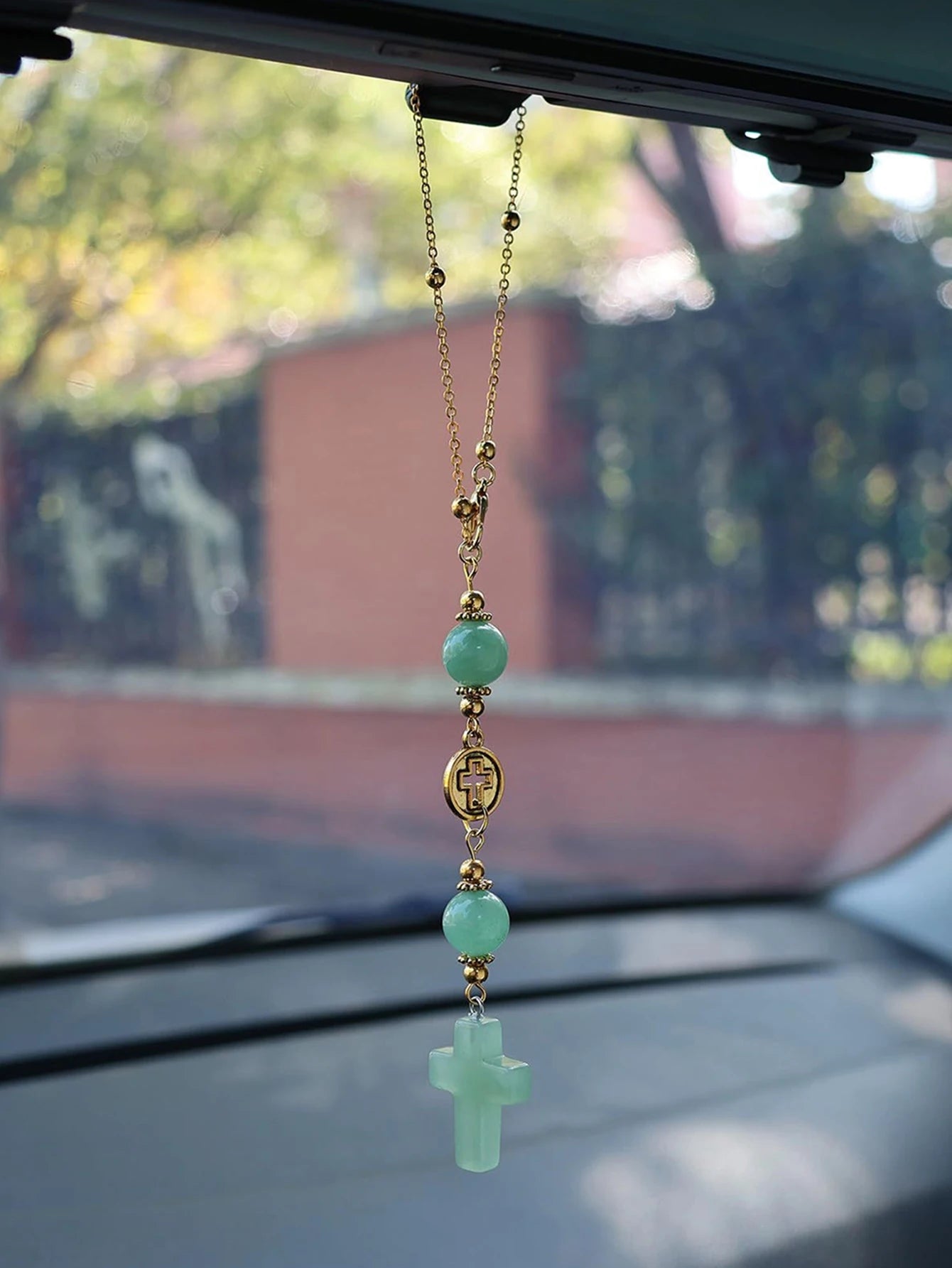 Natural Crystal Cross Car Rearview Mirror Decoration Heart-shaped Qme green