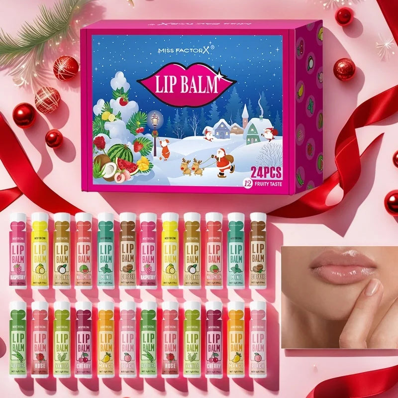 24PCS/ box 12 kinds of flower and fruit lip balm set Gift Natural fragrance moisturizing exfoliating and brightening lip color Qme