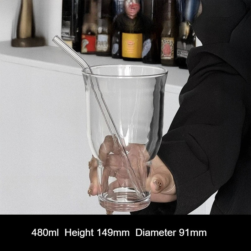 Large Capacity Transparent Wide-mouth Glass Iced Americano Coffee Cup Qme Small with straw 401-500ml