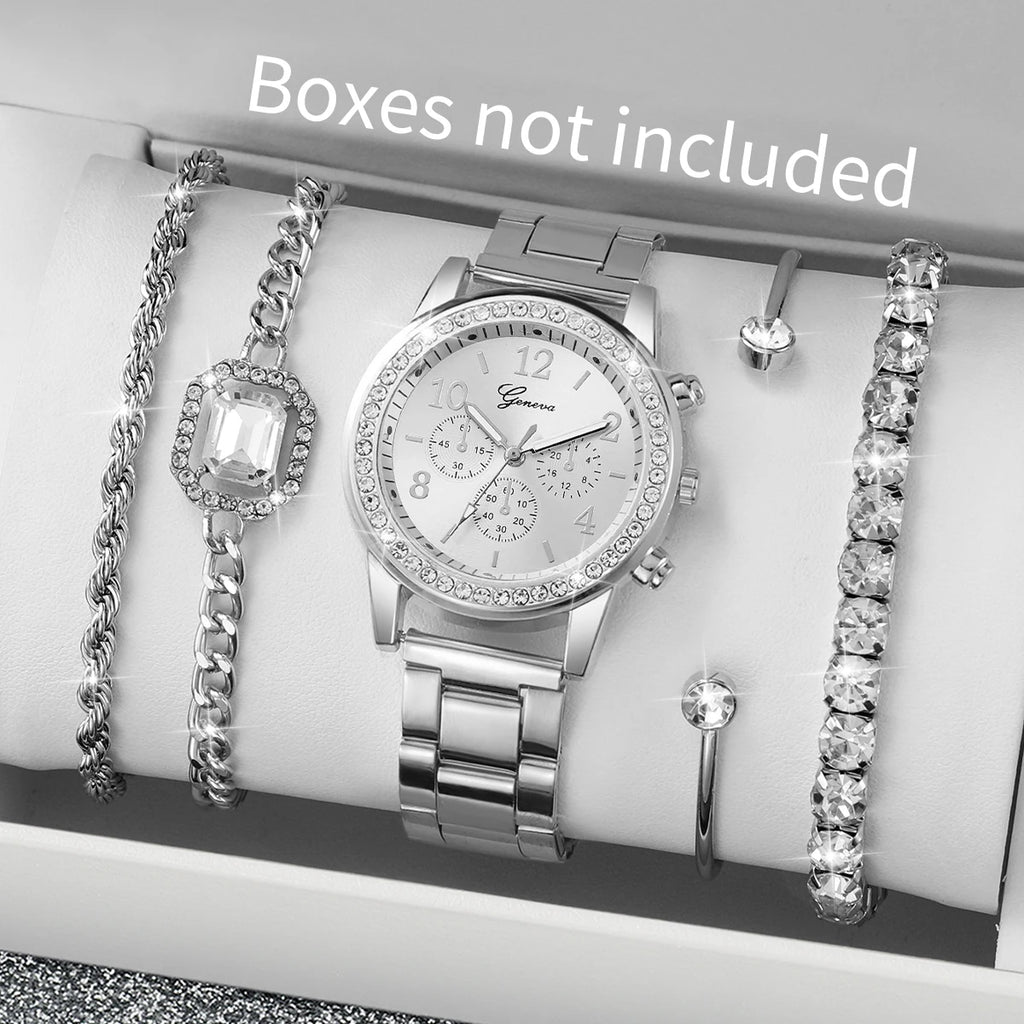 5PCS/Set Luxury Rhinestone Women Watches Ladies Arabic Dial Quartz Wristwatch Bracelet Set Reloj Mujer (Without Box) Qme