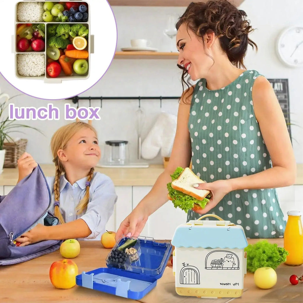 Lunch Box Kids Food Storage Bin 4 Compartments Spoon Fork School Qme