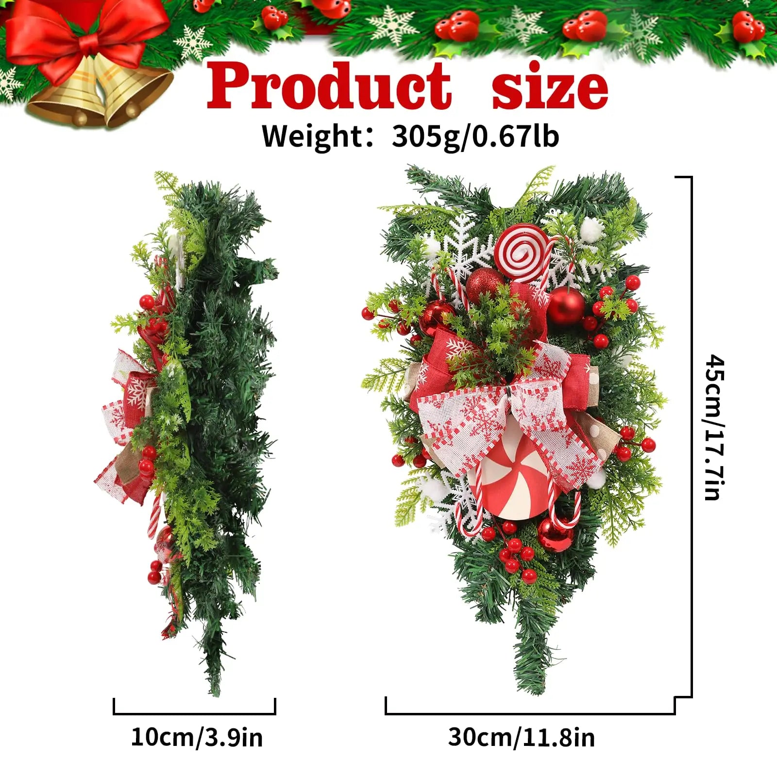 Christmas Candy Cane Wreath for Front Door Red White Xmas Teardrop Swag Decorations Christmas Garland with Ball Bow Ornaments Qme