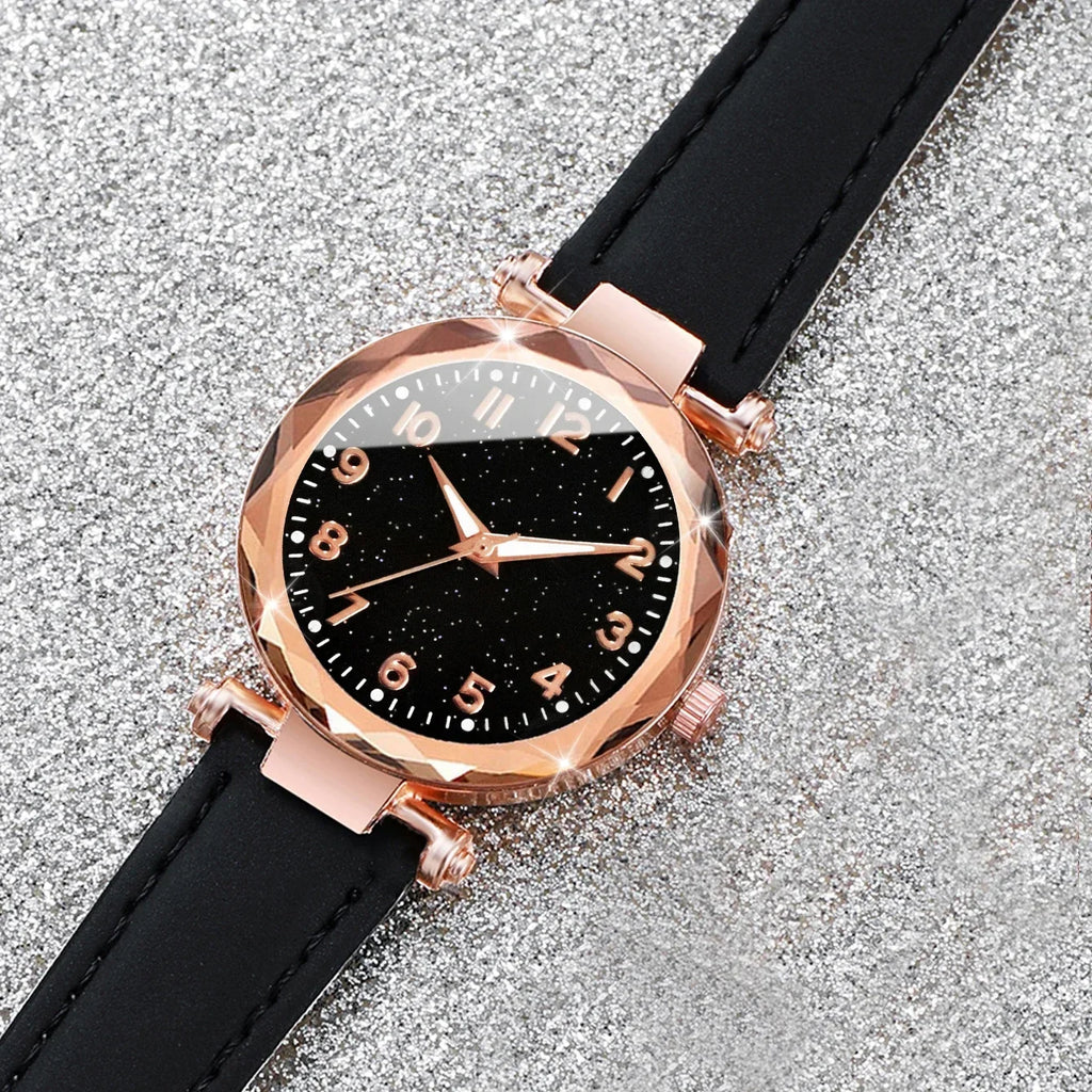 5PCS/Set Women‘s Watches Ladies Fashion Leather Band Analog Quartz WristWatch Bracelets Set Qme