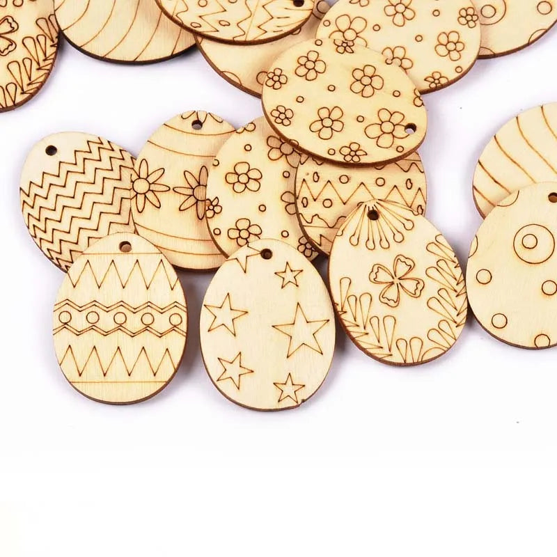 25Pcs Mixed Easter Egg Wood Crafts Pendant For Wooden Drop Hanging Ornaments DIY Scrapbook Home Decor Embellishments M2565 Qme
