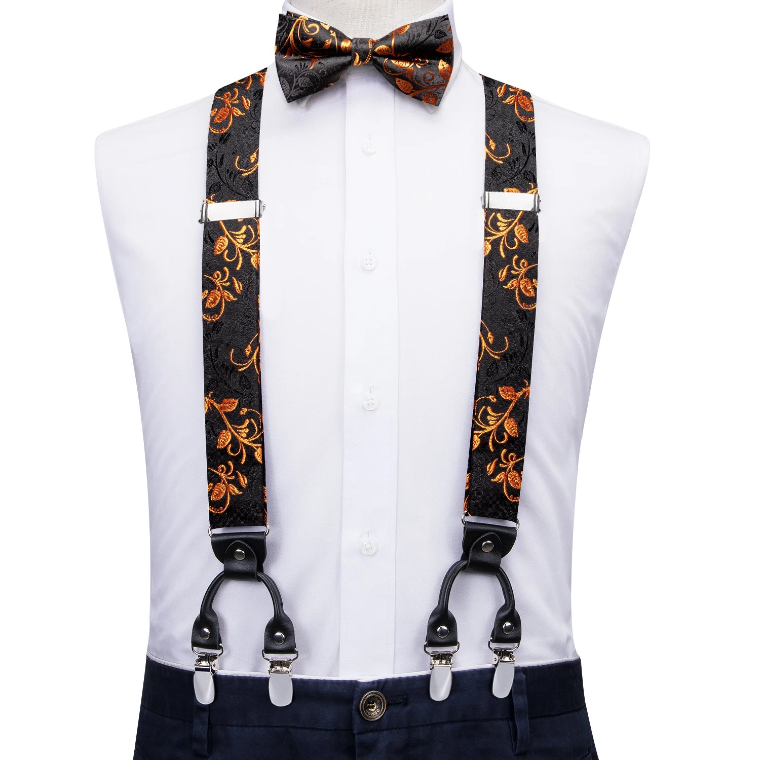 Silk Woven Mens Suspenders Bow Tie Hanky Cufflinks Strength 6 Clips Qme BD-3057