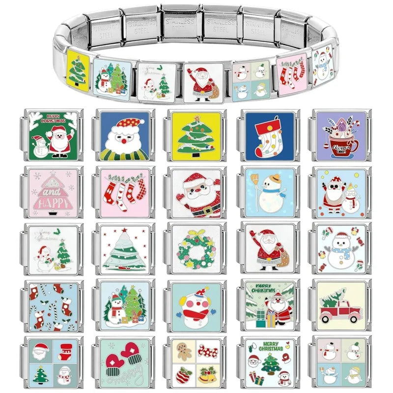 Fashion 2025 Colorful Christmas Socks Snowman Deer Italian Charms Fit 9mm Stainless Steel Women Fashion Bracelet DIYJewelry Gift Qme