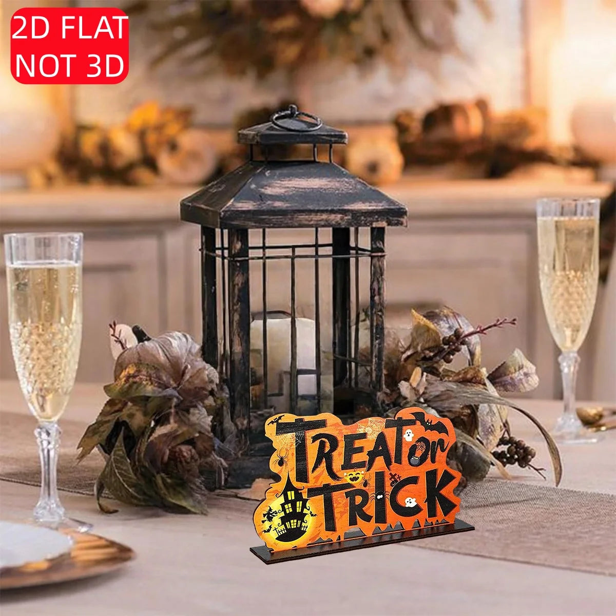 Halloween 2D flat wooden tabletop logo, "Trick or Treat" haunted house ghost bat spider and pumpkin, Halloween decoration Qme
