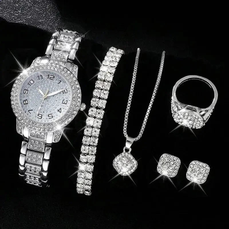 6-piece/set women's watch luxury rhinestone quartz watch hip-hop fashion watch and jewelry set, ideal choice for gifts Qme Silver set