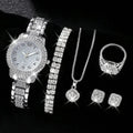 6-piece/set women's watch luxury rhinestone quartz watch hip-hop fashion watch and jewelry set, ideal choice for gifts Qme Silver set