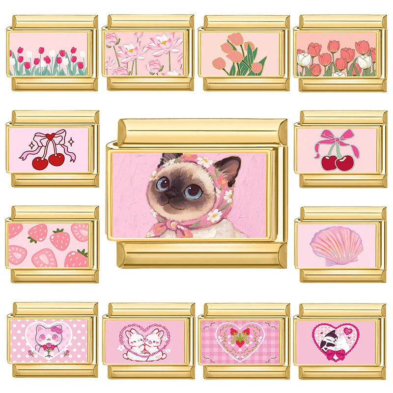 Y2K Pink Series Super Cute Cats Rabbits Tulip Lotus Cherry Golden Italian Charm Link Fit 9MM Stainless Steel Bracelet DIY Making Qme