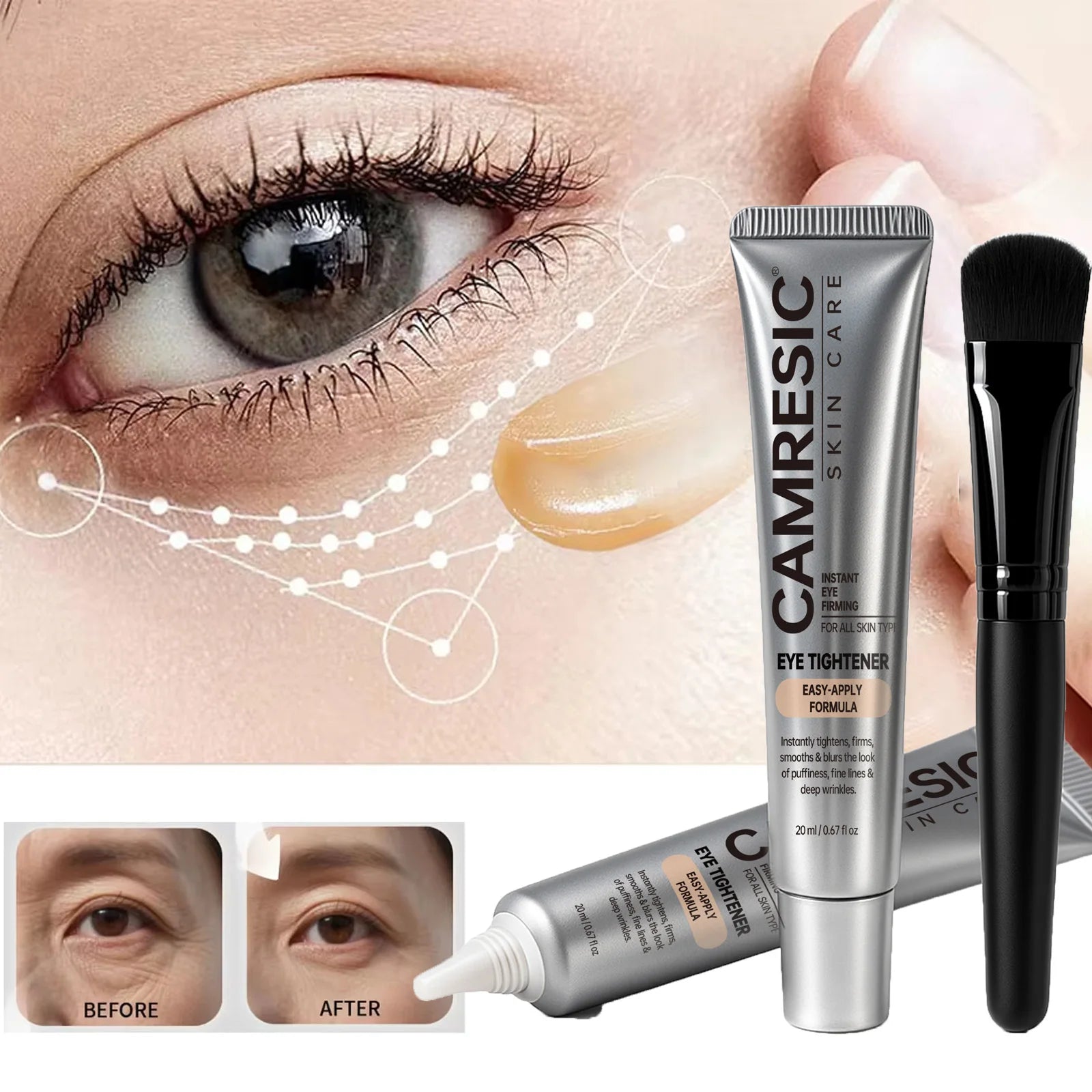Instant Firming Eye Tightener Cream Lightens Dark Circles Anti-Puffiness Reduces Fine Lines Lifting Firming Eye Cream with Brush Qme