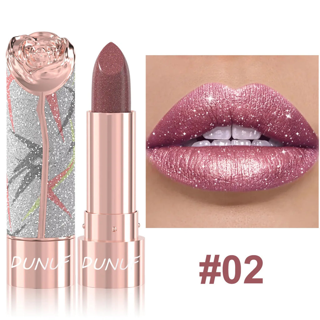 Rose Floral Diamond Lipstick Pearlescent Shimmer 3D Metallic Matte Smooth Creamy Sparkling Lipstick For Daily Party Makeup Qme 02
