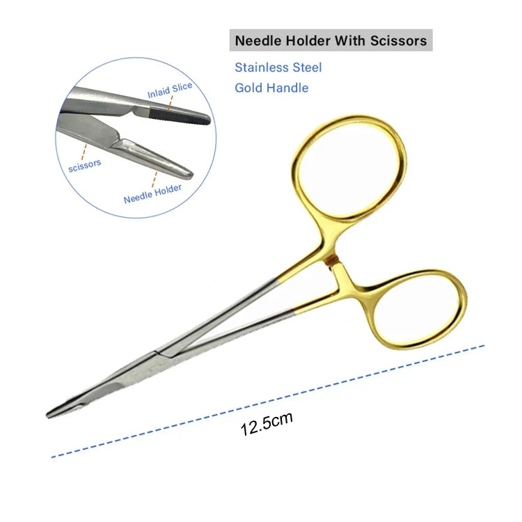 Multifunctional Needle Holder Scissors Insert Gold Handle Clamp Qme 12.5cm