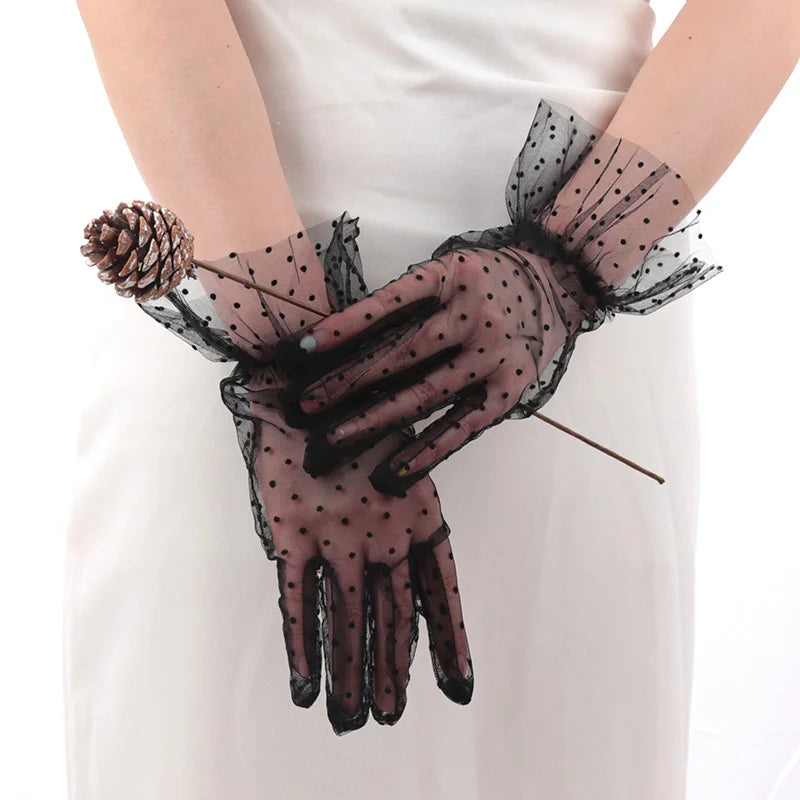 Women Sexy Lace Gloves Transparentes Dot Mesh Short Tulle Mittens Qme A6