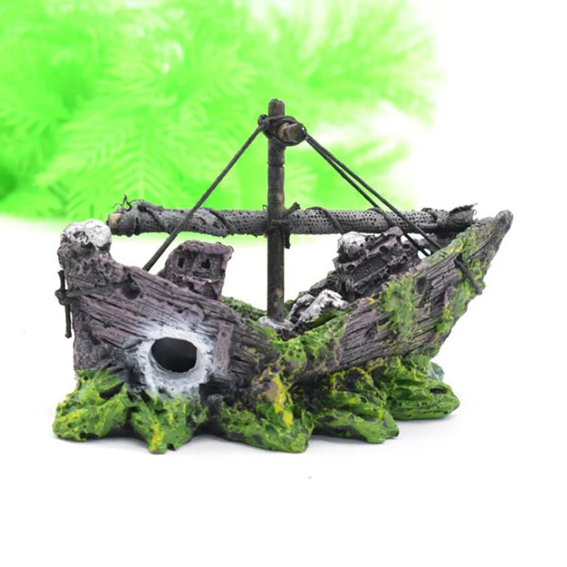Aquarium Ornament Wreck Sunk Ship Sailing Boat Destroyer Fish Tank Cave Decor. Qme 1PC