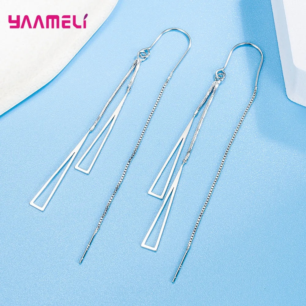 925 Sterling Silver Color Earrings Fashion Jewelry Geometric Tassel Long Box Chain Thread Pendientes Ear Decoration Ornaments Qme