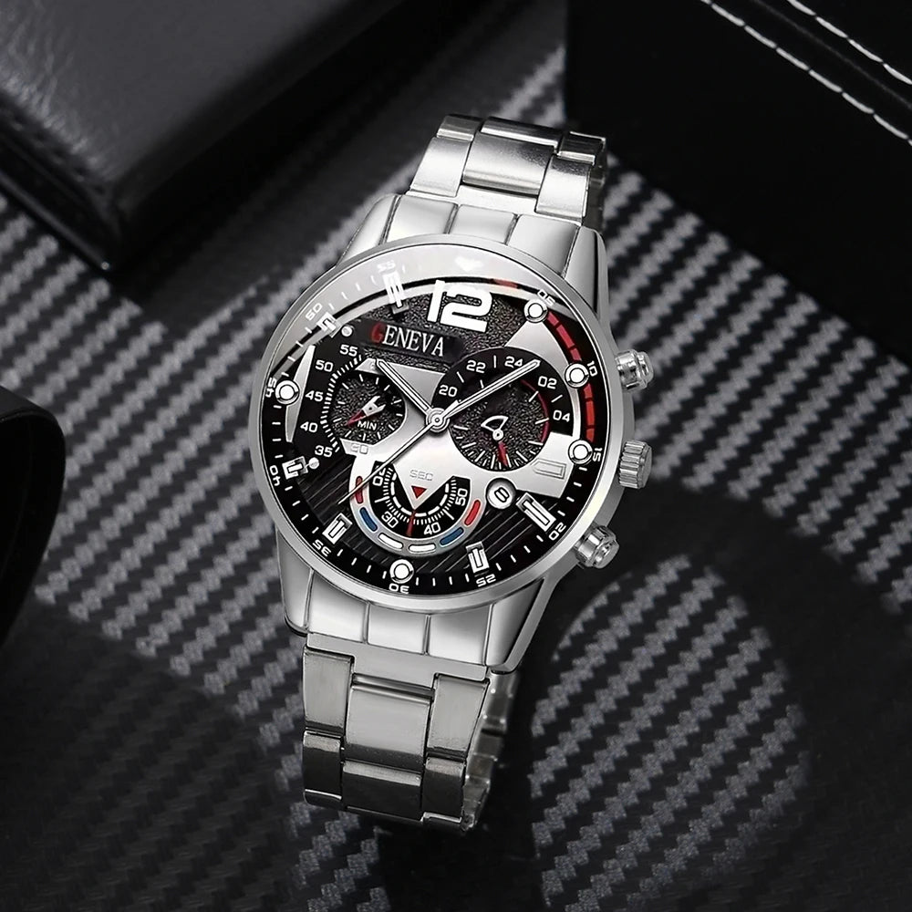 4Pcs Cross Men Watch Jewelry Set Silver Stainless Steel Chronograph Wristwatch Cuban Bracelet Cross Necklace Ring Gift For Him Qme