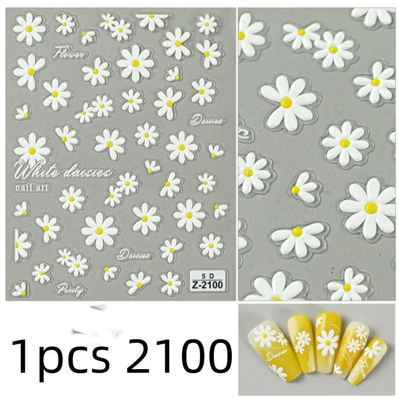 5D Flower Daisy Embossed Stickers Nail Sliders Decals White Florals