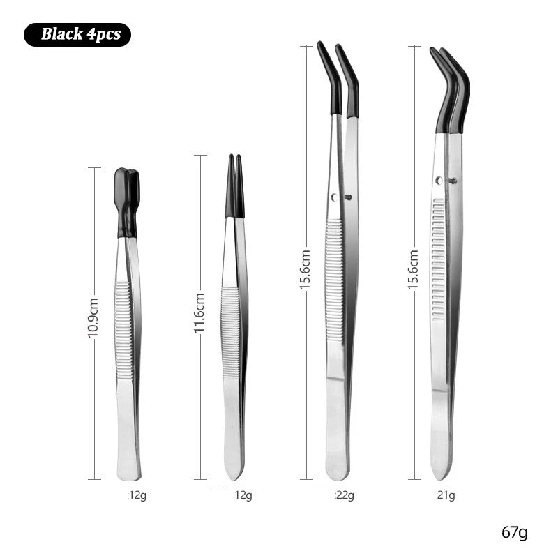 Black Silicone Tips Tweezers Stainless Steel Straight Curved False Eyelash Tweezers Hair Removal Makeup Tool Picking Tool Qme Black 4Pcs