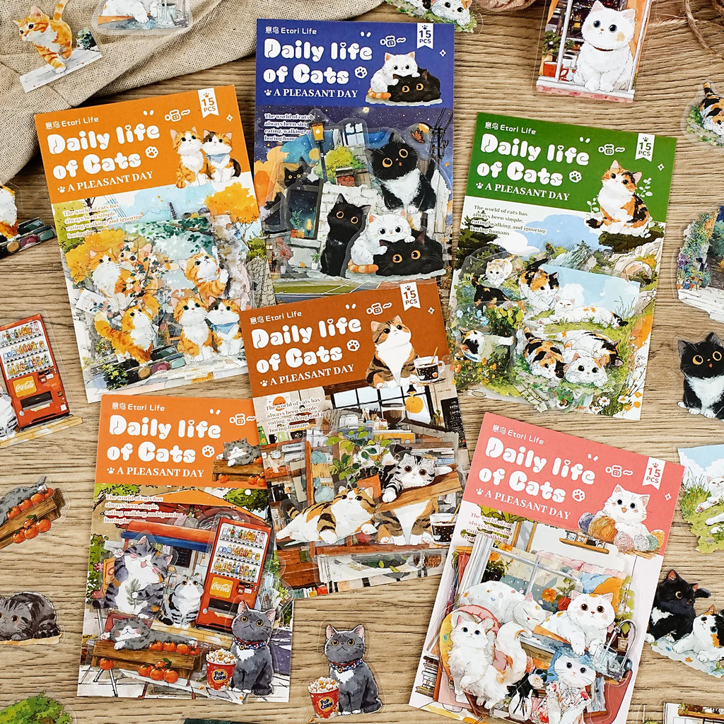 15Sheets/Bag Kawaii Cute Cartoon Cat Pet Theme PET Stickers for DIY Craft Scrapbooking Guitar Phone Case Laptop Water Bottle Dec Qme