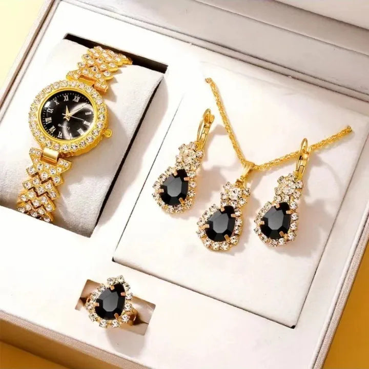 Gold luxury watches, women's rings, necklaces, earrings, rhinestones, fashionable watches, casual women's bracelets, watches, je Qme black