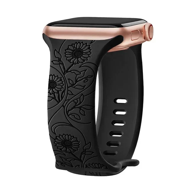 Floral Engraved Strap For Apple Watch Band 40mm 44mm 41mm 49mm 45mm 38mm 42mm silicone bracelet iwatch series 9 7 se 6 8 ultra 2 Qme Sunflower Black 38mm 40mm 41mm