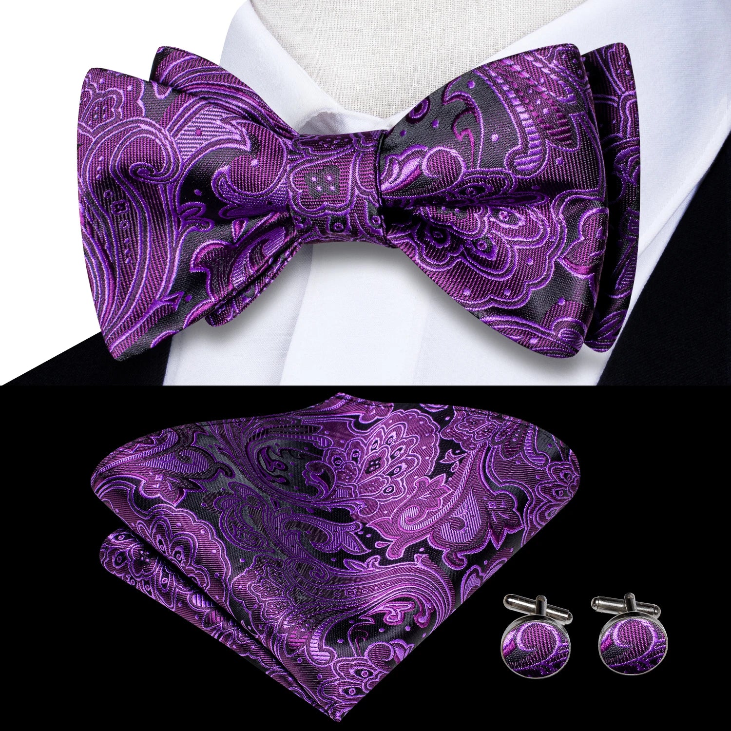 Hi-tie Silk Mens Self Bow Tie Hanky Cufflinks Blue Red Gold Black