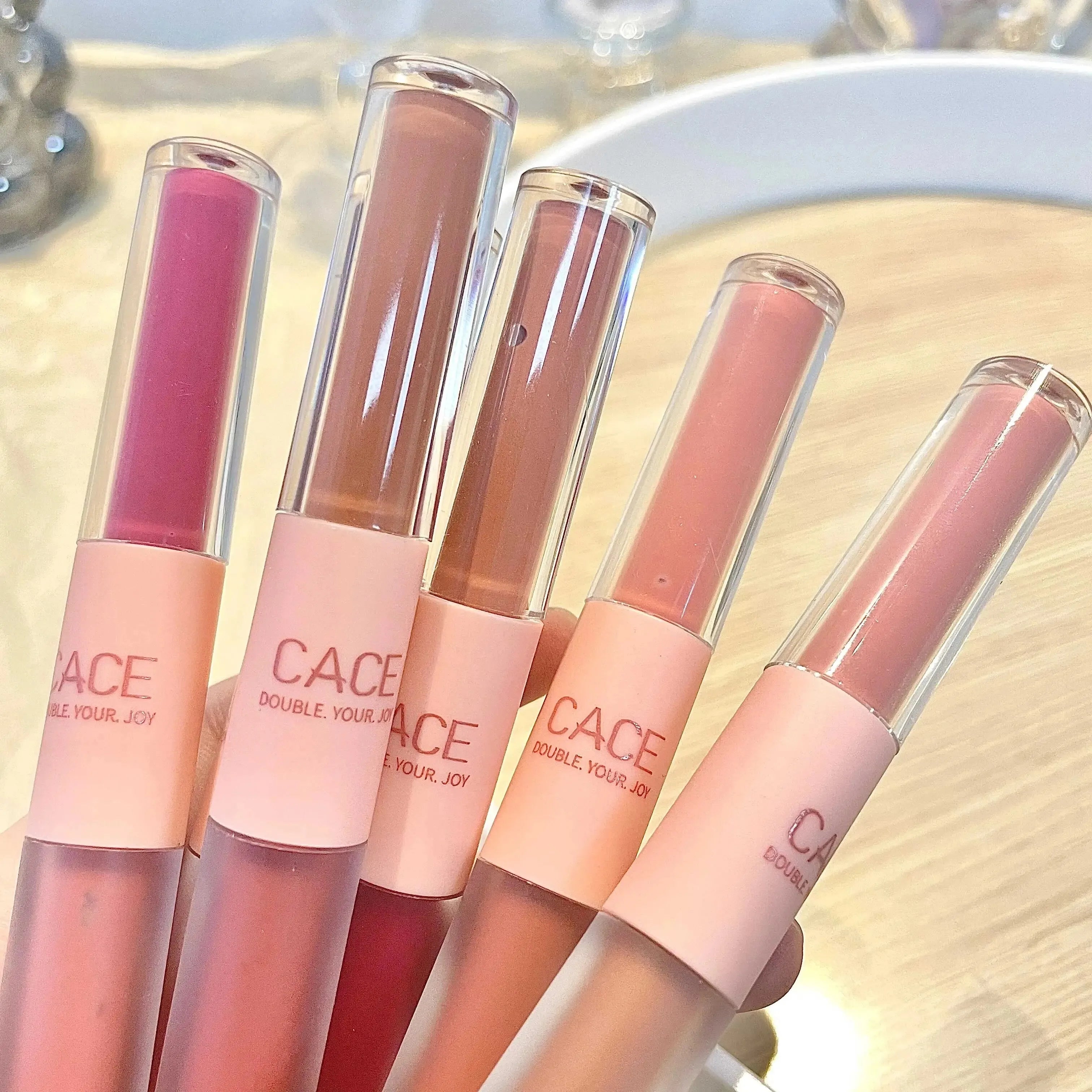 CACE Double Head Lip Gloss Sexy Red Makeup Mud Mirror Water Glaze Qme