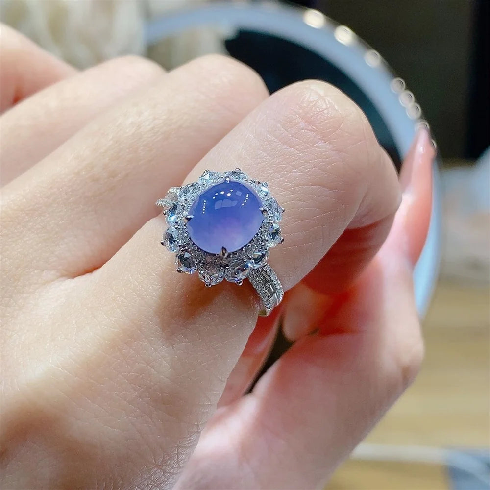 Imitation Natural Jade Marrow Purple Luo Ice Seed Zircon Ring Plated with S925 Silver Luxury Banquet Sparkling Jewelry Ring Qme