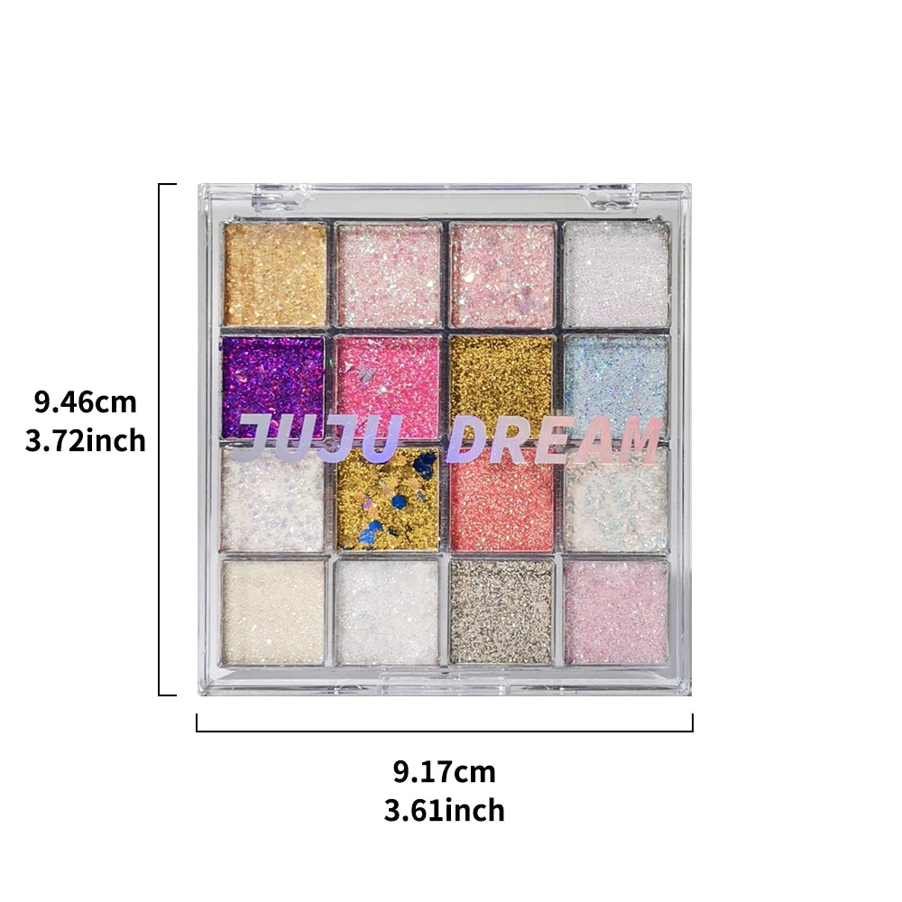 16-Color Glitter Eyeshadow Pumpkin Cherry Blue Purple Shades Bold Qme