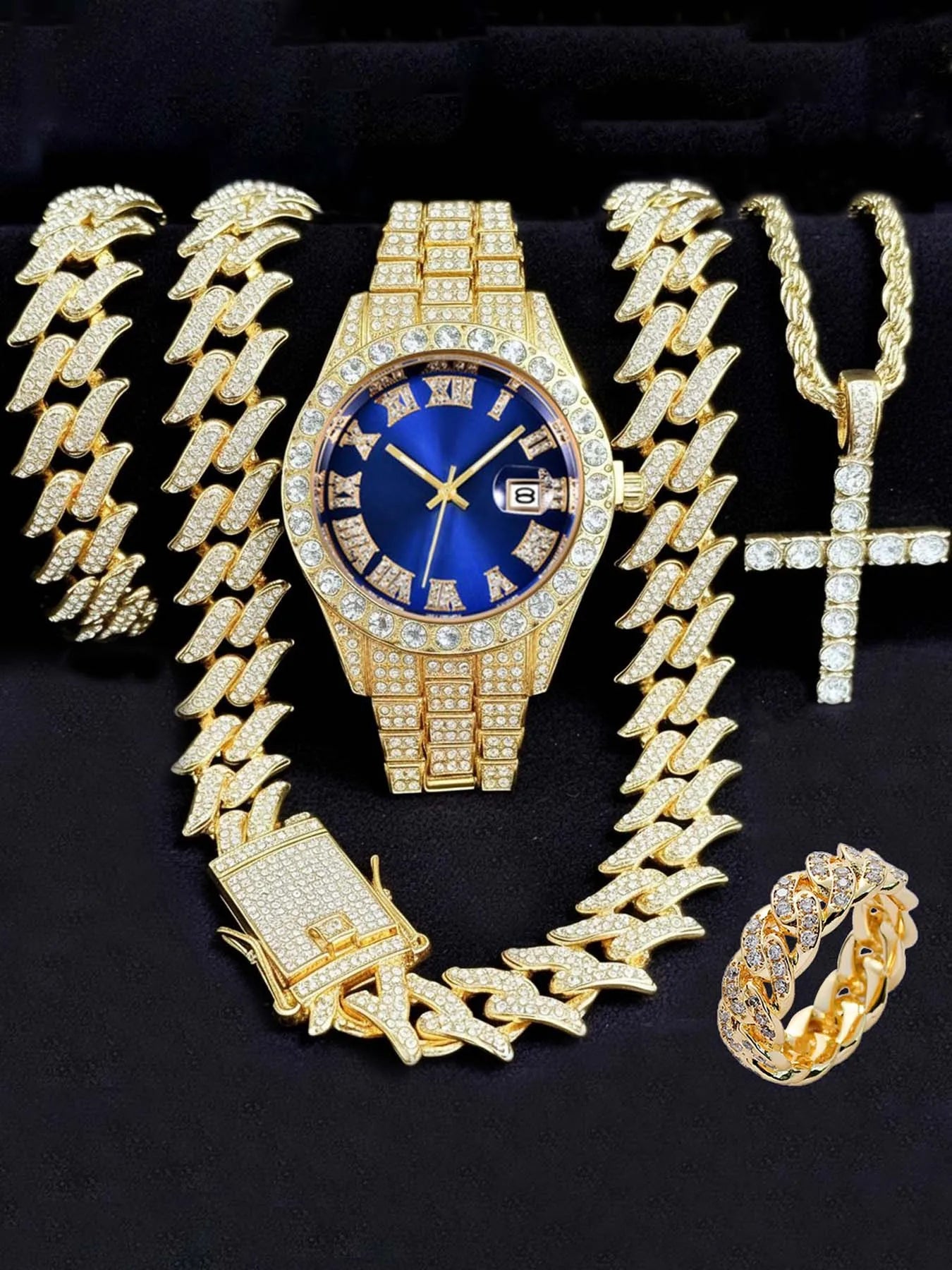 Diamond studded Roman style fashion watch with calendar for women, women's watch set for women Qme Bronze