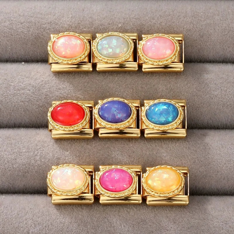 Gold Color Premium Colorful Oval Gems Italian Charm Link Fit 9mm Stainless Steel Bracelet Women Men DIY Making Gifts Wholesale Qme