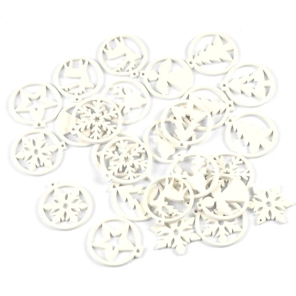 30Pcs Christmas Round White Snowflake Tree Angel Wooden Pendant Hanging Oranments DIY Handmade Supplies Xmas Home Party Decor Qme