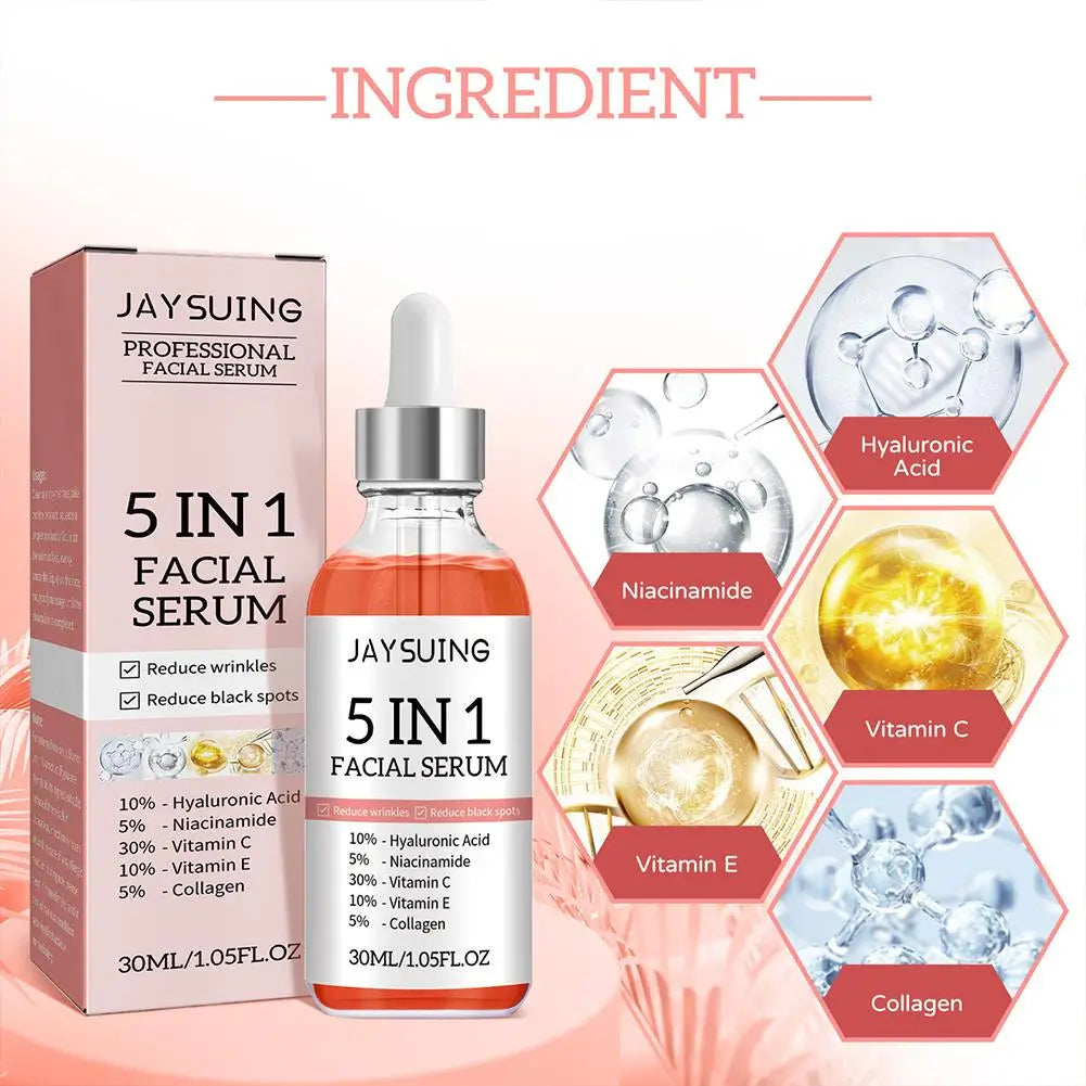 5 In 1 Face Serum Moisturizing Whitening Anti Wrinkle Aging Vitamin C Hyaluronic Acid Facial Serum Shrink Pores Skin Care 30ml Qme
