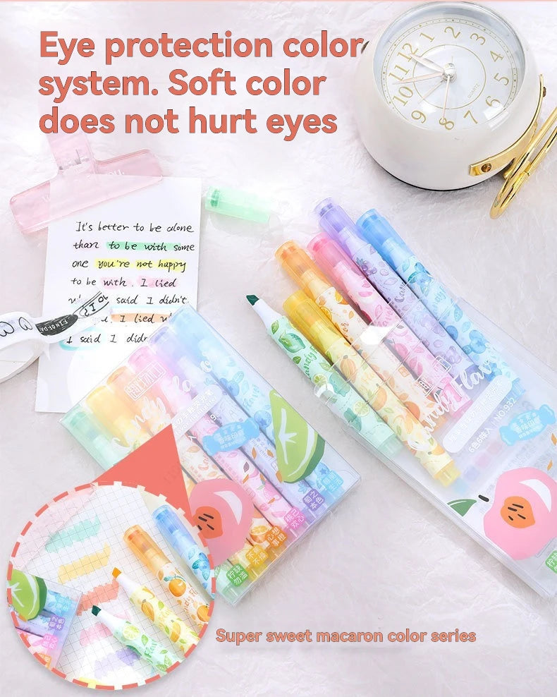 6 Colors Stamp Fruit Candy Aroma Seal Highlighter Set, Chisel Tip, Marker Pen Pastel Assorted Colors for Cute Kawaii Stationery Qme