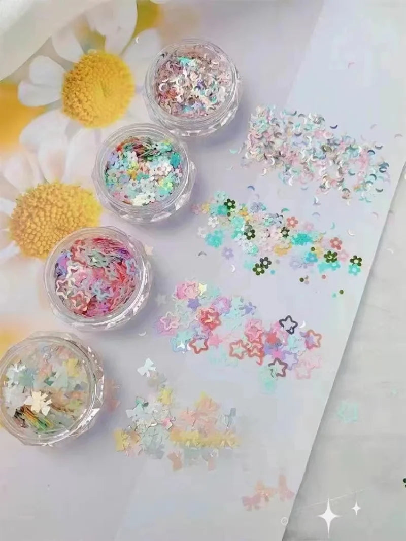 4 Fluorescent Mixed Shapes Nail Sequins Moon Star Flower Heart Art Qme 4 4 piece set