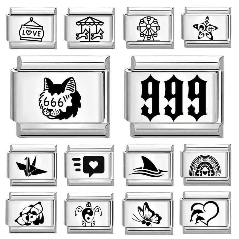 Wholesale Laser Engraving Cute Cats 666 999 Italian Charm Links Fit 9mm Stainless Steel Bracelet Women DIY Making DIY Gift Qme