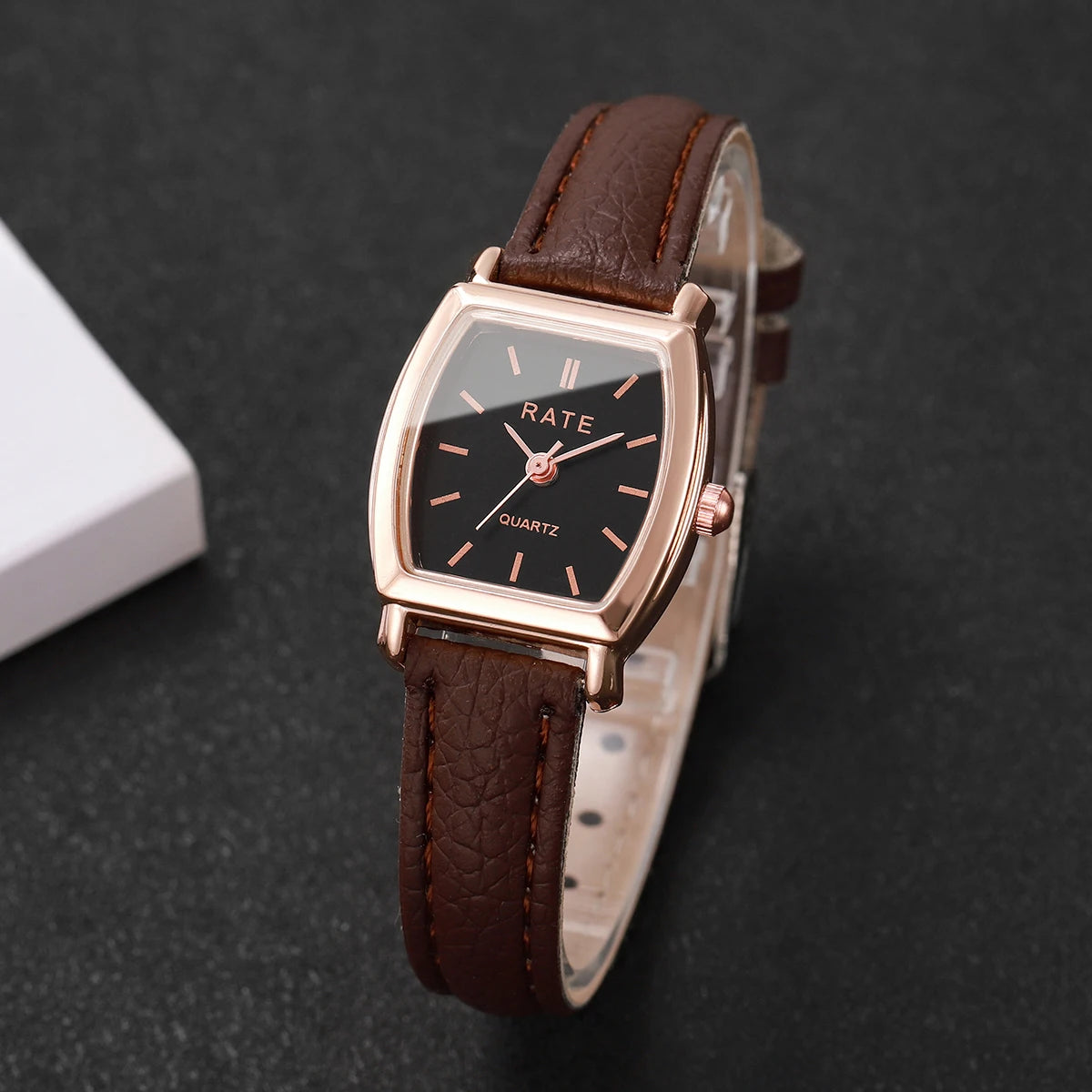 Vintage Square Black Dial Leather Quartz Watch for Women Qme C Brown Black